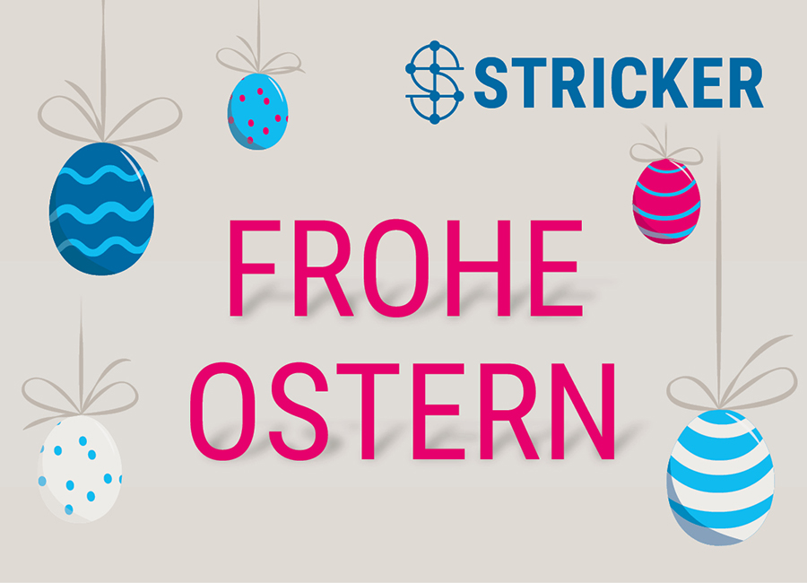 Frohe Ostern Schriftzug auf beigem Grund mit farbigen Ostereiern drumherum.