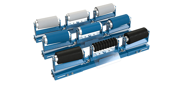 3D-Ansicht der Zentrierstation manzuent novum PUR in drei Ausführungen (weiße, blaue und schwarze Rollen)